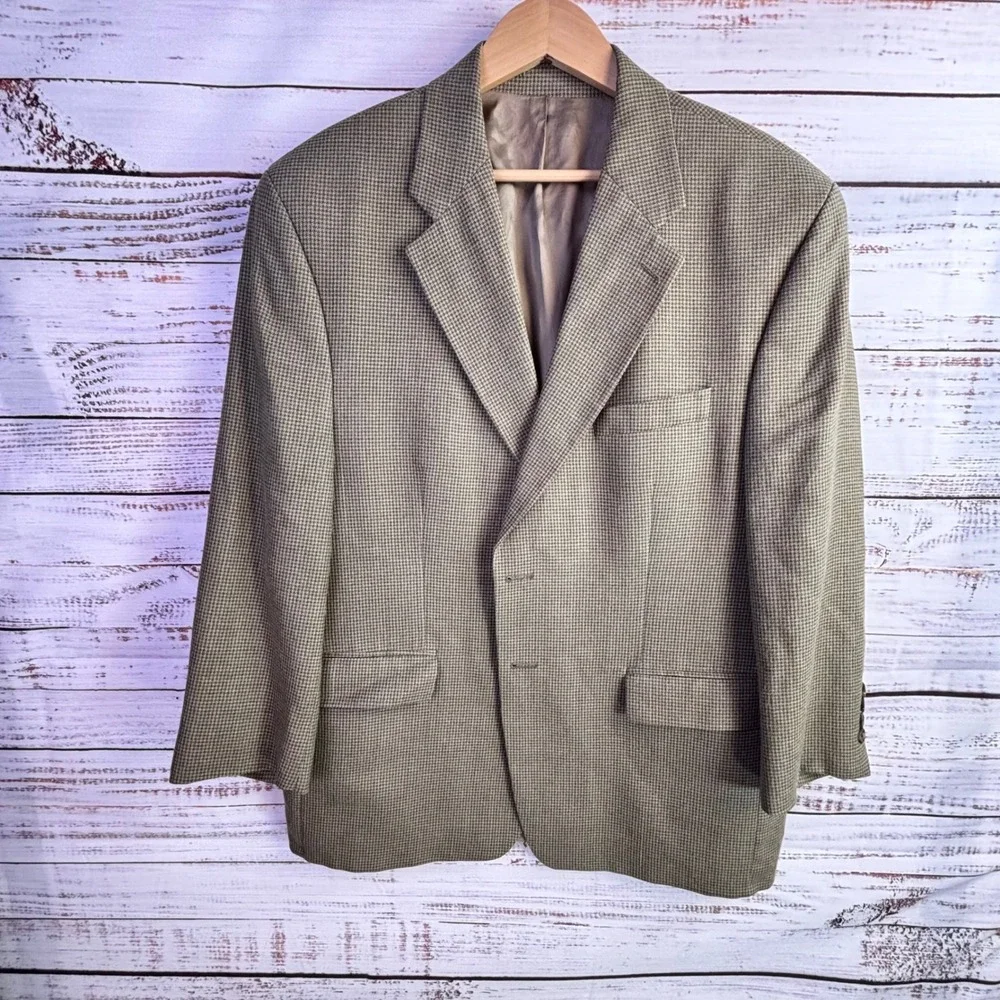 Houndstooth Vintage 90s Blazer Chaps Ralph Lauren 44R Tan Silk Wool Windowpane